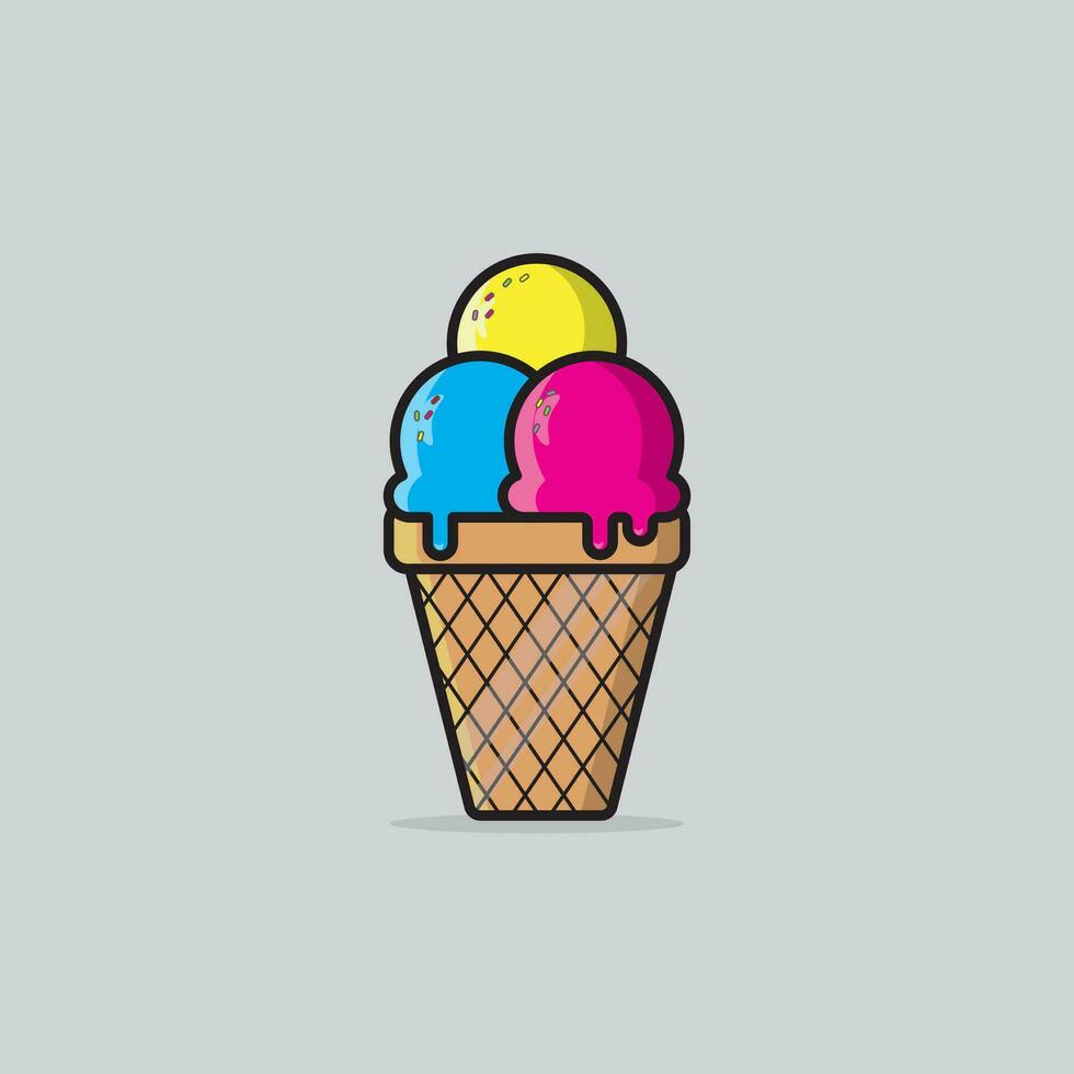 Melting ice cream balls in the waffle cone isolated on white background. Vector flat outline icon