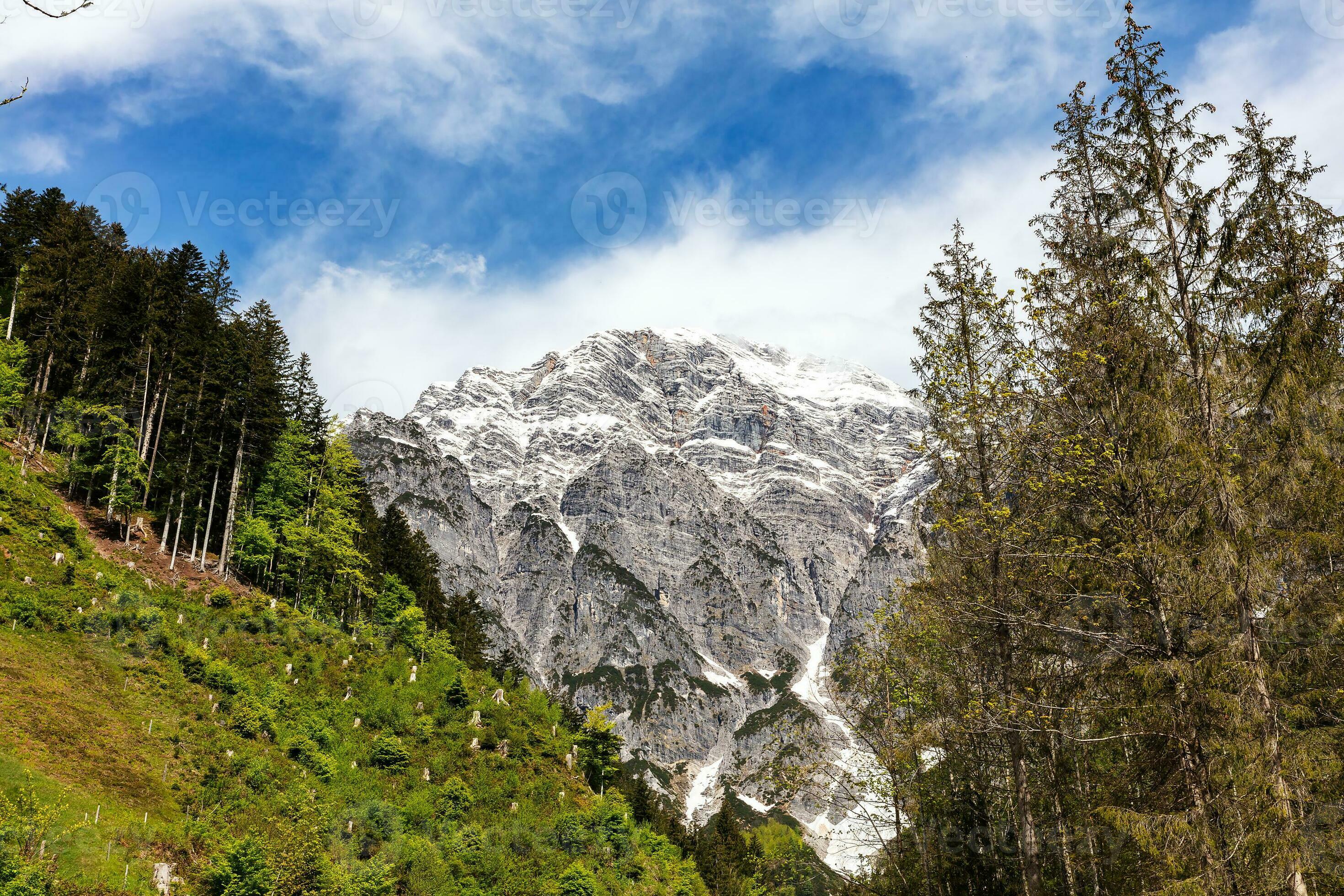 Mountain landscape with majestic peaks, lush greenery. Nature 