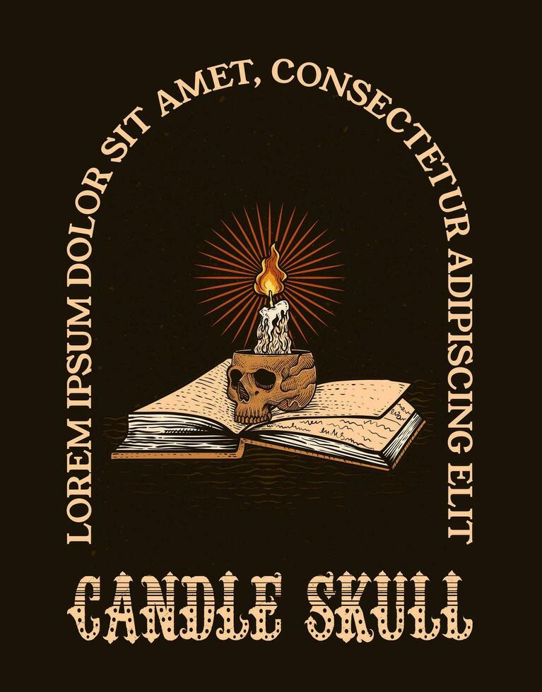 Illustration Hand drawn. Skull candle with antique magic book. Vector illustration