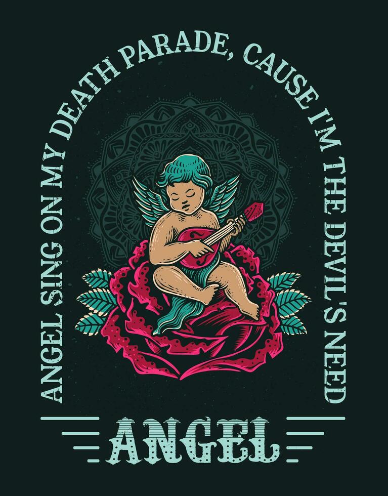 Illustration hand drawn. Angel sitting on rose and playing guitar. Vector illustration