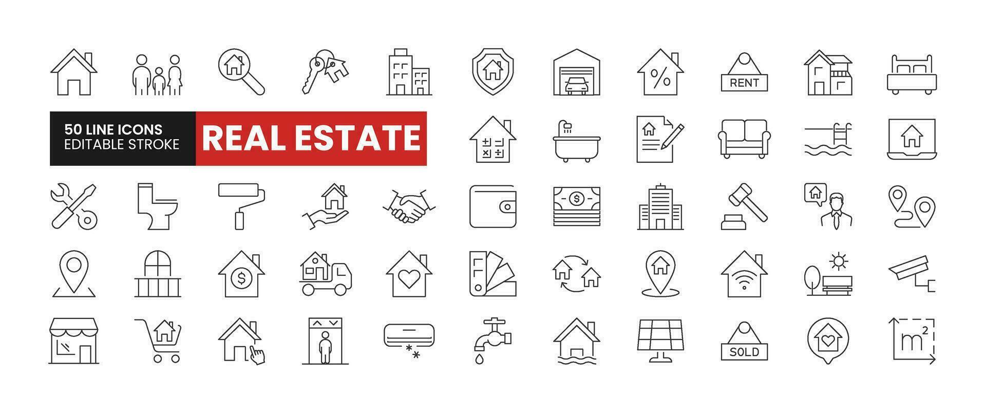 Set of 50 Real Estate line icons set. Real Estate outline icons with editable stroke collection. Includes Home, Budget, Location, Contract, Renovation, and More. vector