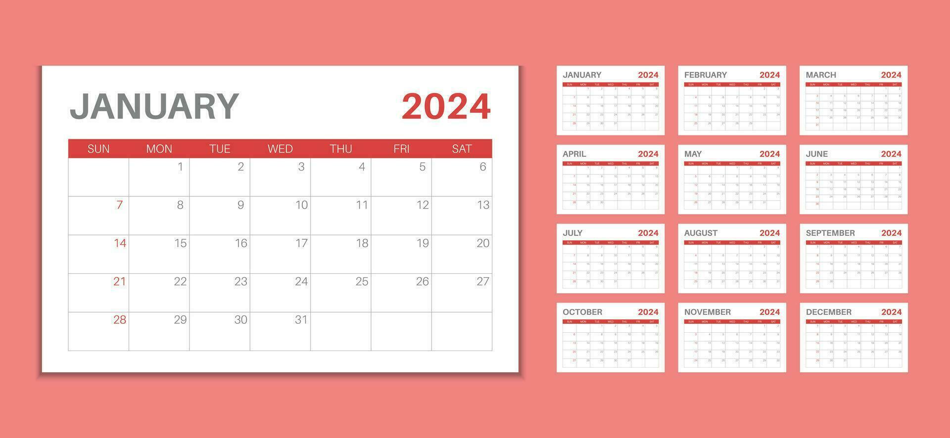 calendario 2024 año. la semana empieza el domingo. plantilla anual de  calendario inglés 2024. 5081041 Vector en Vecteezy