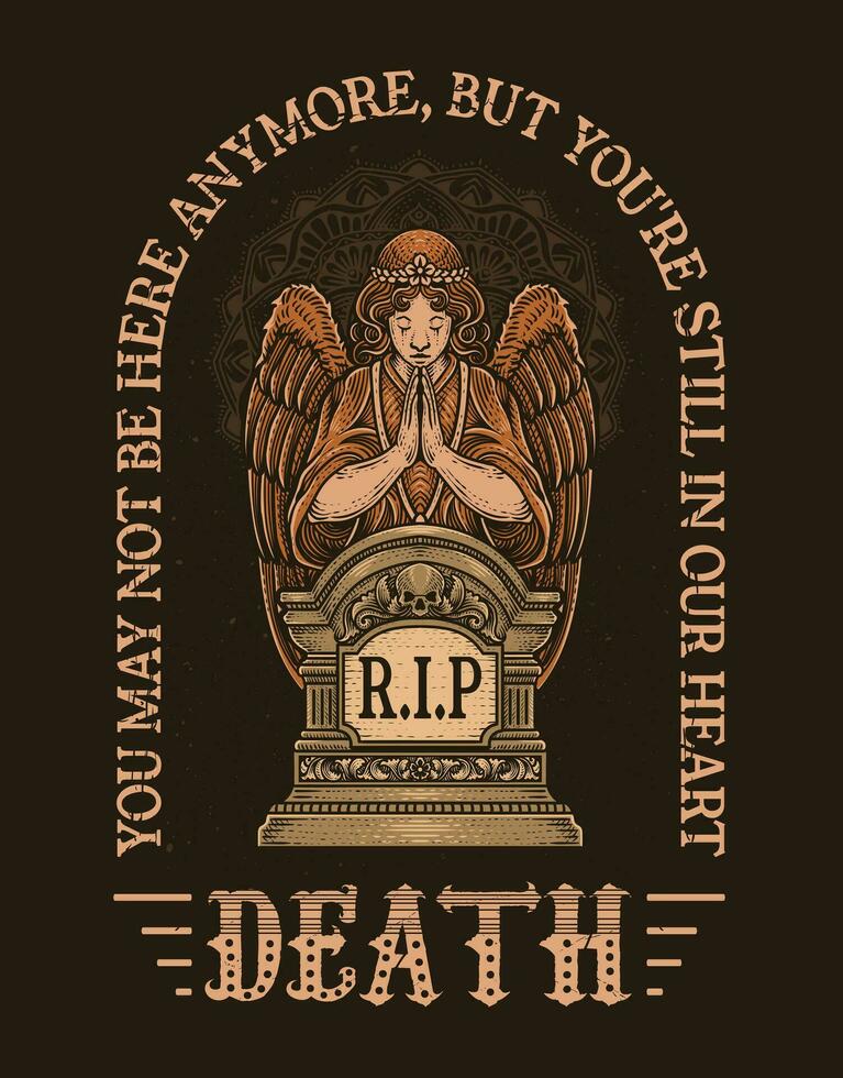 Illustration hand drawn. Angels praying on tombstones. Vector illustration
