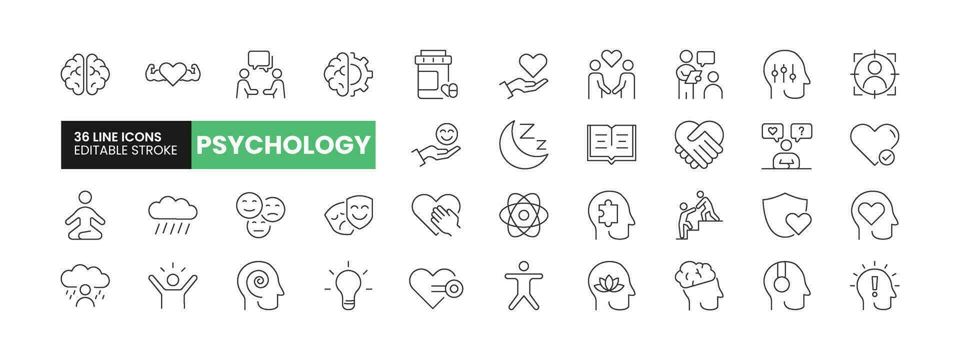 Set of 36 Psychology line icons set. Psychology outline icons with editable stroke collection. Includes Anxiety, Happiness, Empathy, Pills, Consultant, and More. vector