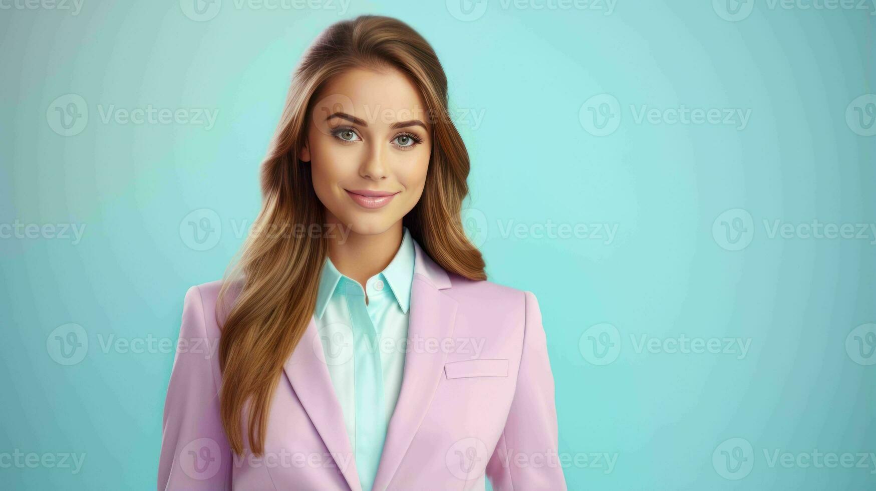 ai generado contento y atractivo mujer vistiendo pastel color traje con hermosa vibrante antecedentes foto