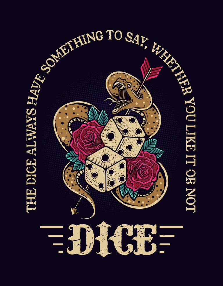 Illustration vintage dice rose flower with snake vector