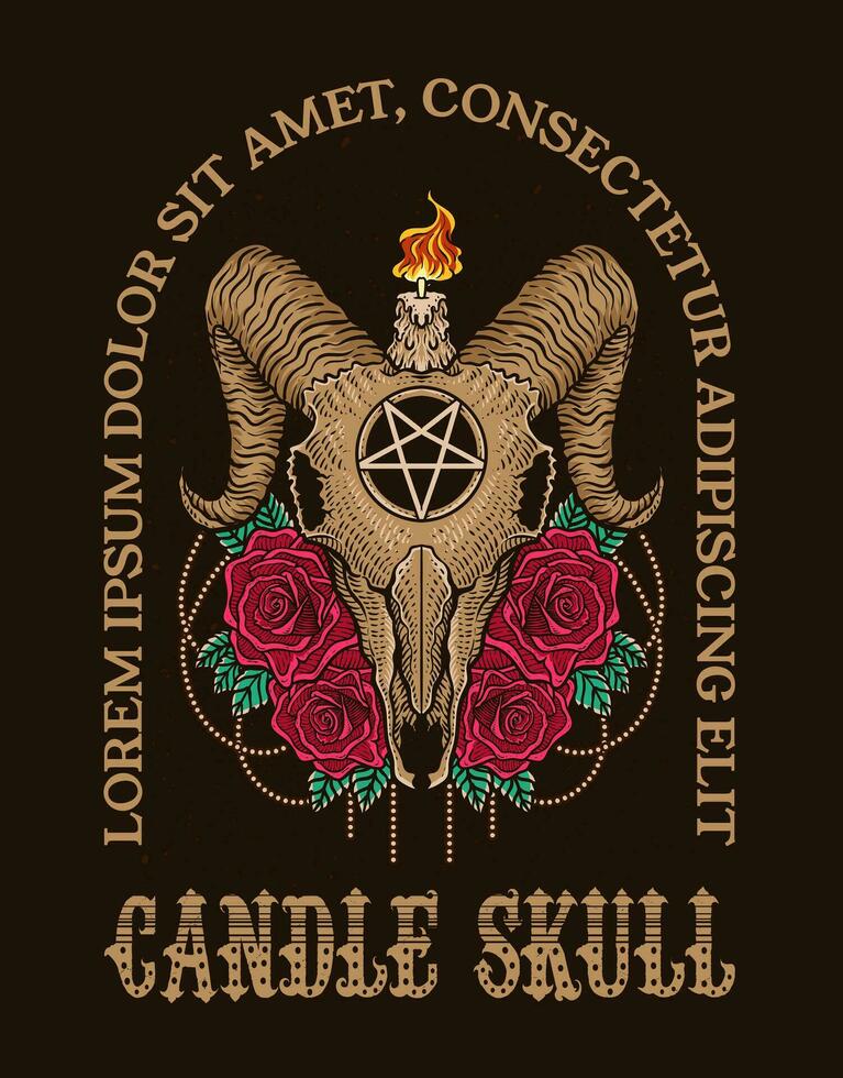 Illustration Hand drawn. Goat skull candle with rose flower. Vector illustration