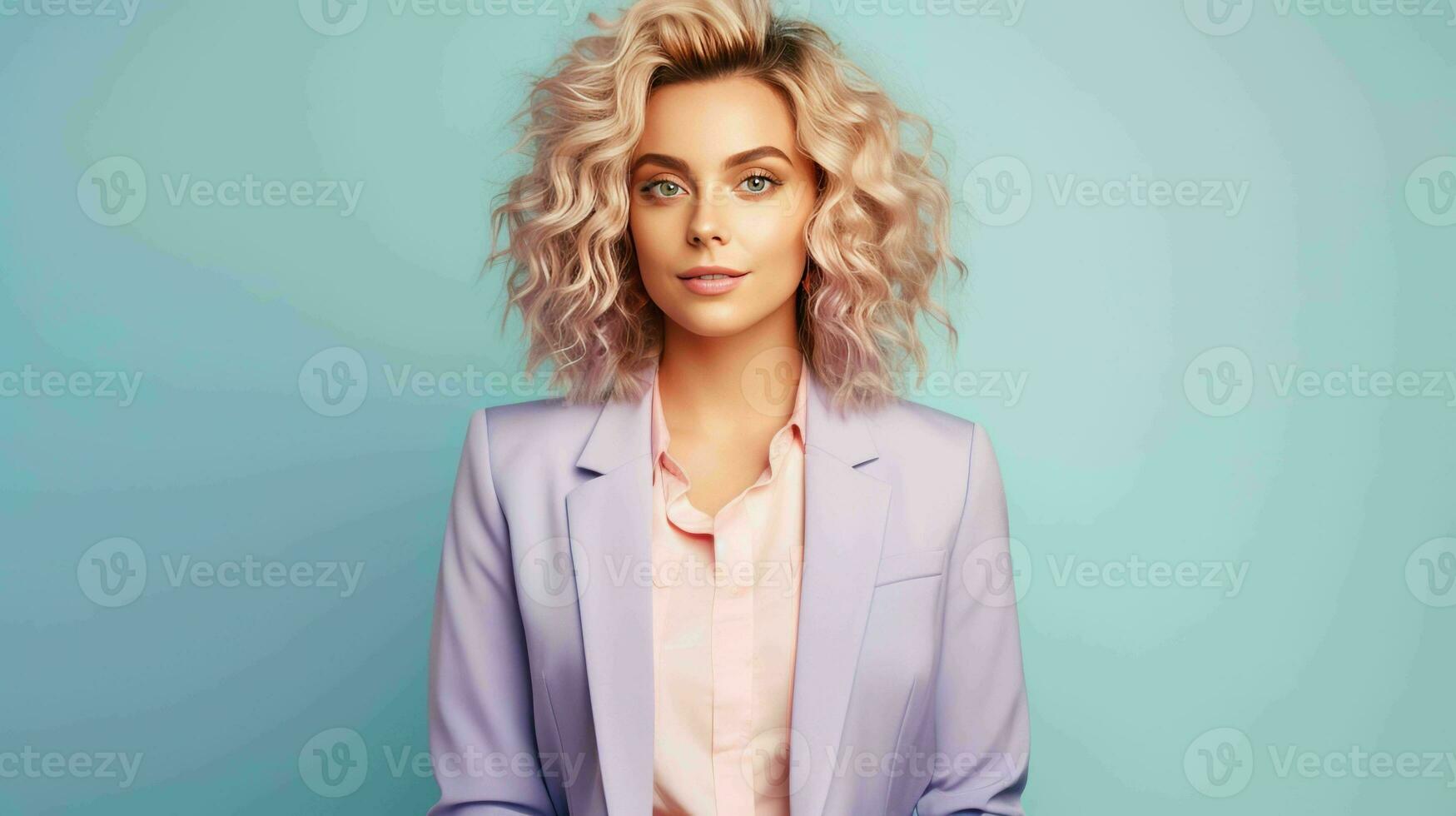 AI generated Happy and Attractive Woman Wearing Pastel Color Suit with Beautiful Vibrant Background photo