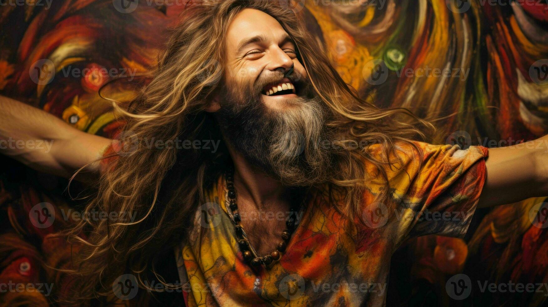 AI generated Hippie Person with long hairs happy and smilling photo