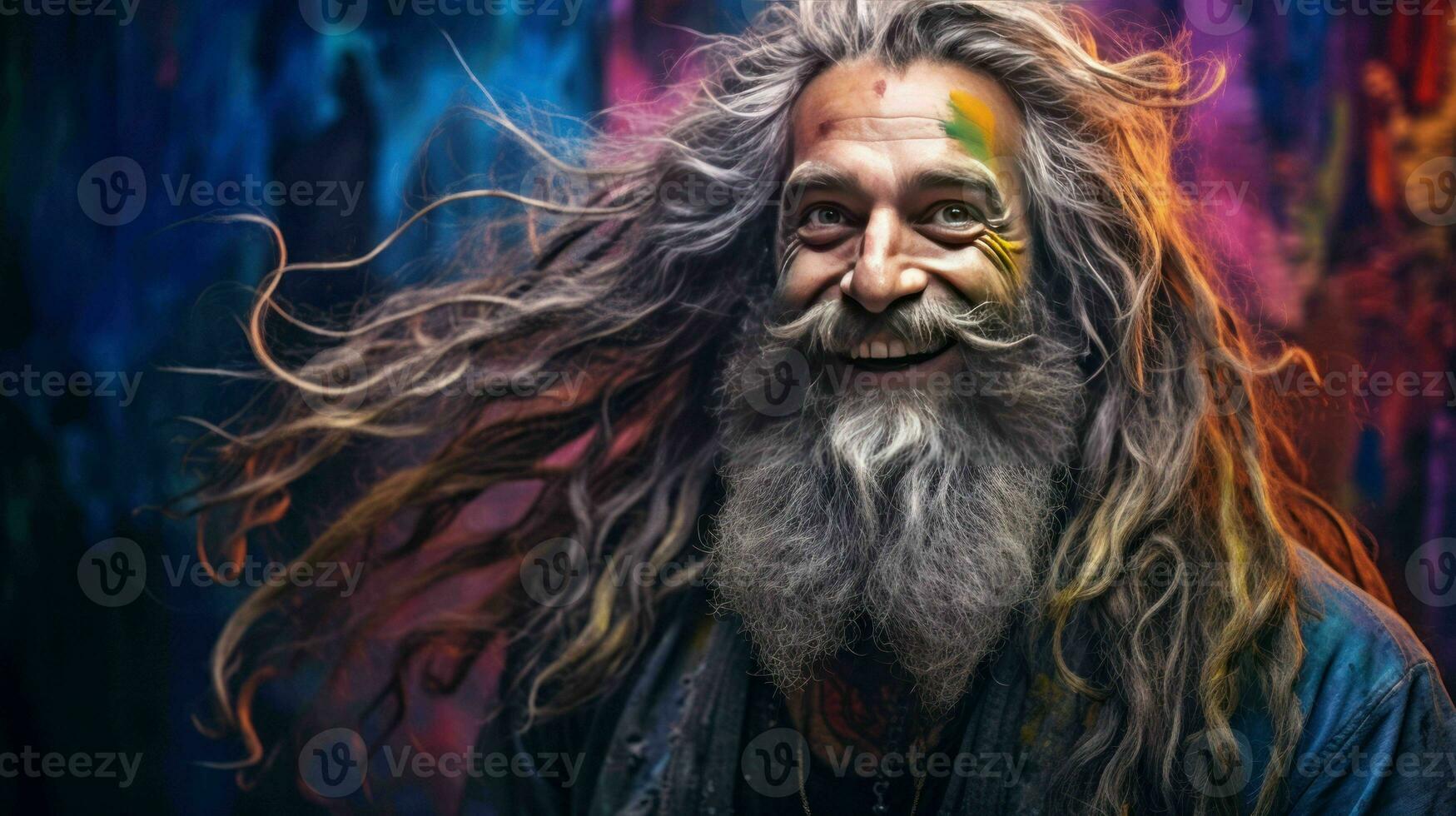 AI generated Hippie Person with long hairs happy and smilling photo