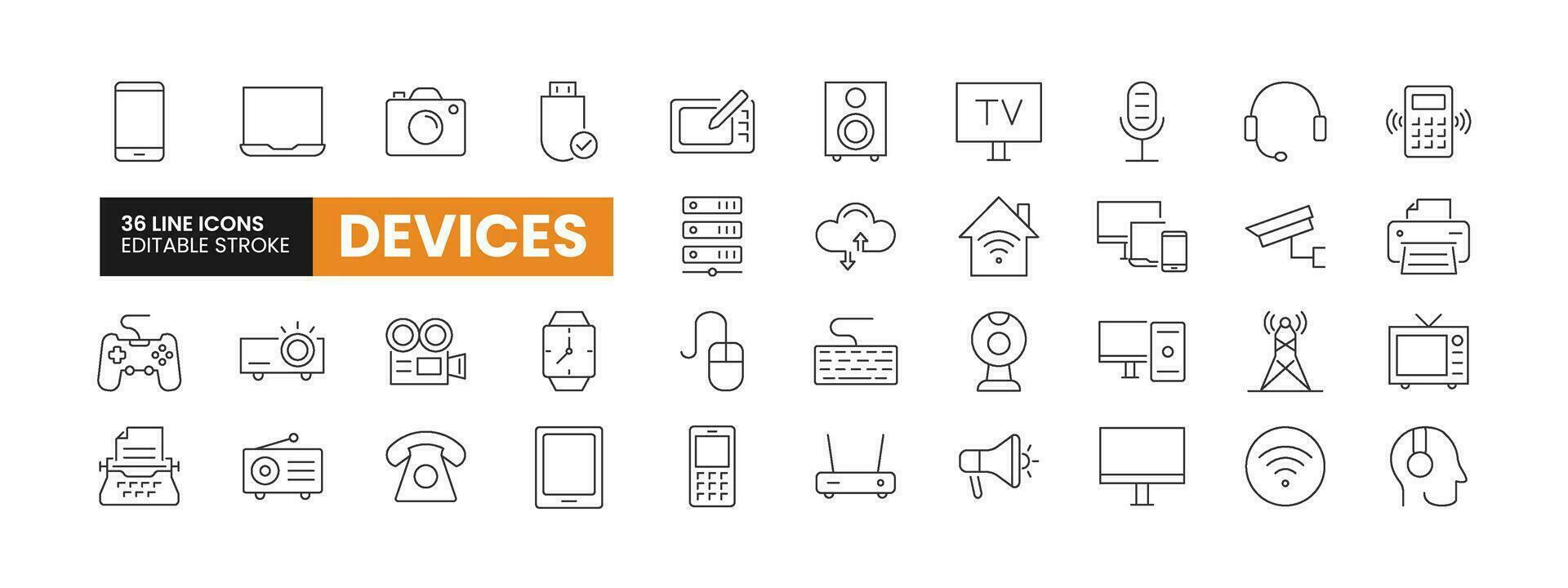 Set of 36 Devices line icons set. Devices  outline icons with editable stroke collection. Includes Tablet, Smartphone, Laptop, Printer, Webcam and More. vector