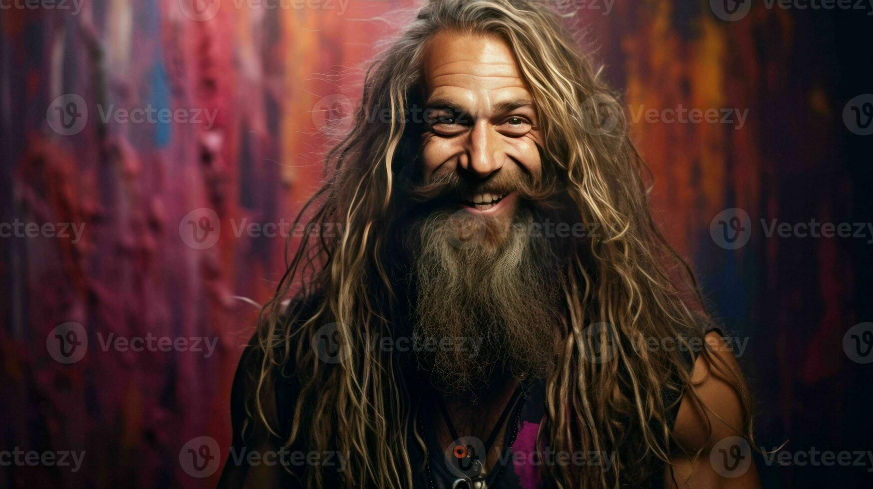 AI generated Hippie Person with long hairs happy and smilling photo