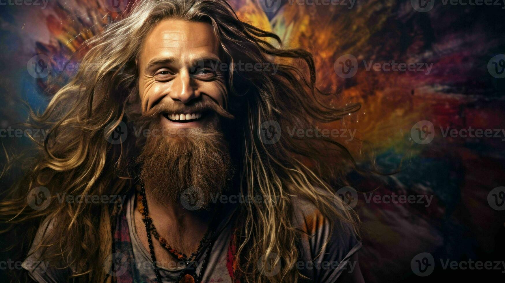 AI generated Hippie Person with long hairs happy and smilling photo