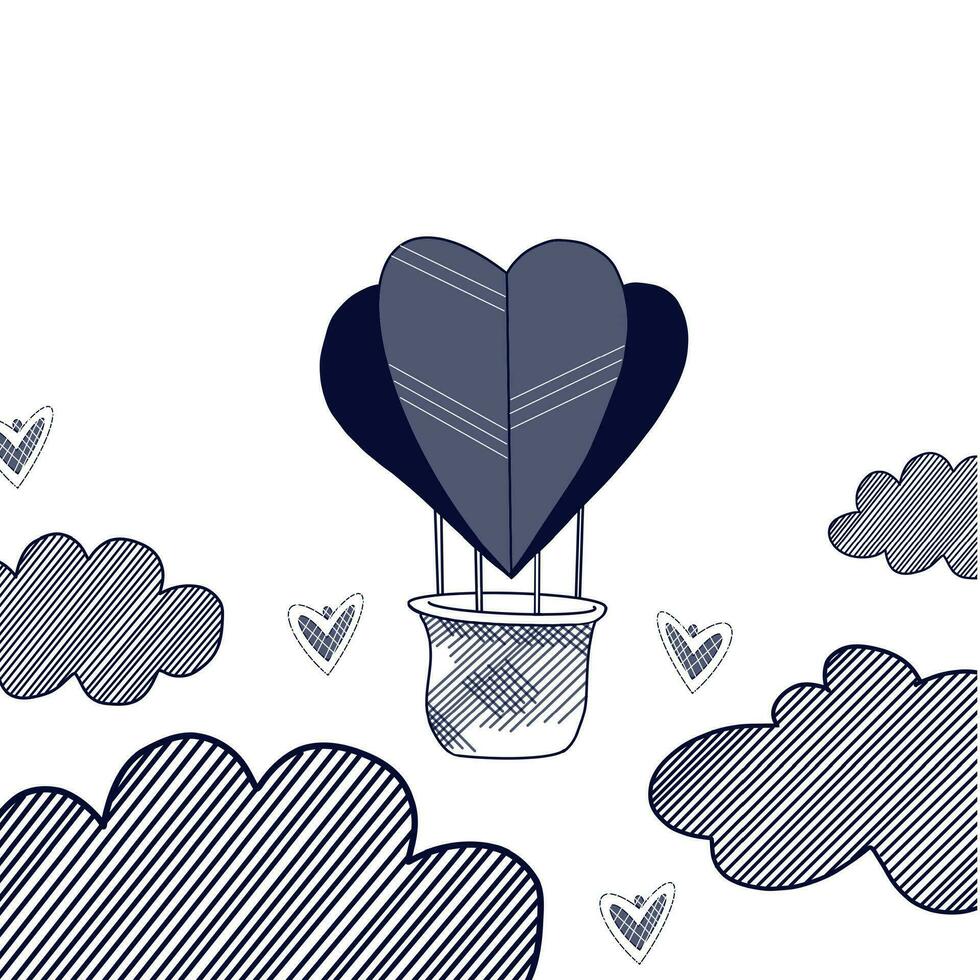 San Valentín día. el ilustración para el fiesta es dibujado en un vector en oscuro azul color. en forma de corazon globo en el nubes, corazones. para impresión en tela y papel, tarjetas, invitaciones