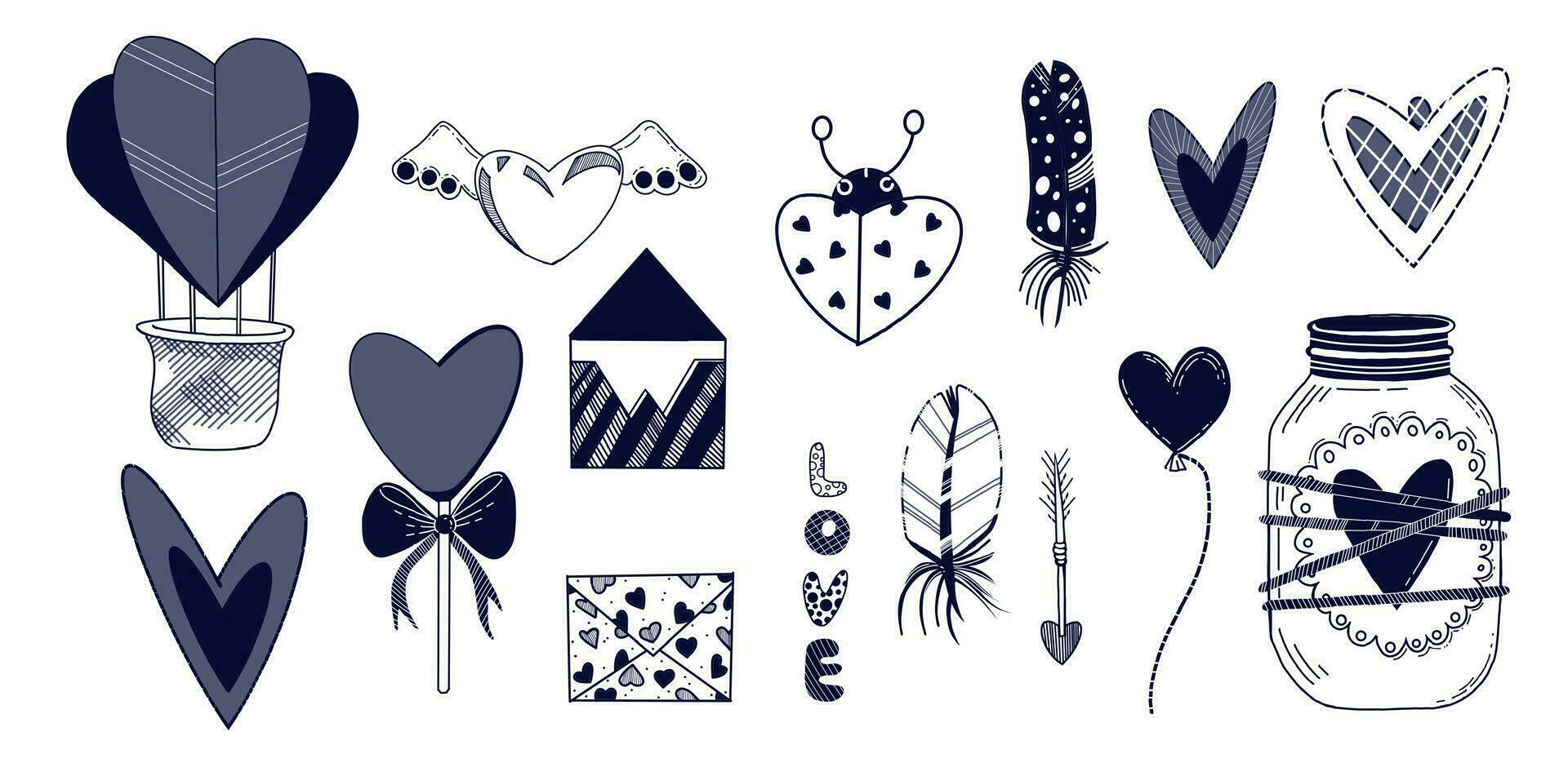 Set of vector illustrations for Valentine's Day. Heart-shaped balloon, love letters, Cupid's arrows, feathers drawn in vector in dark blue. For printing on fabric and paper.