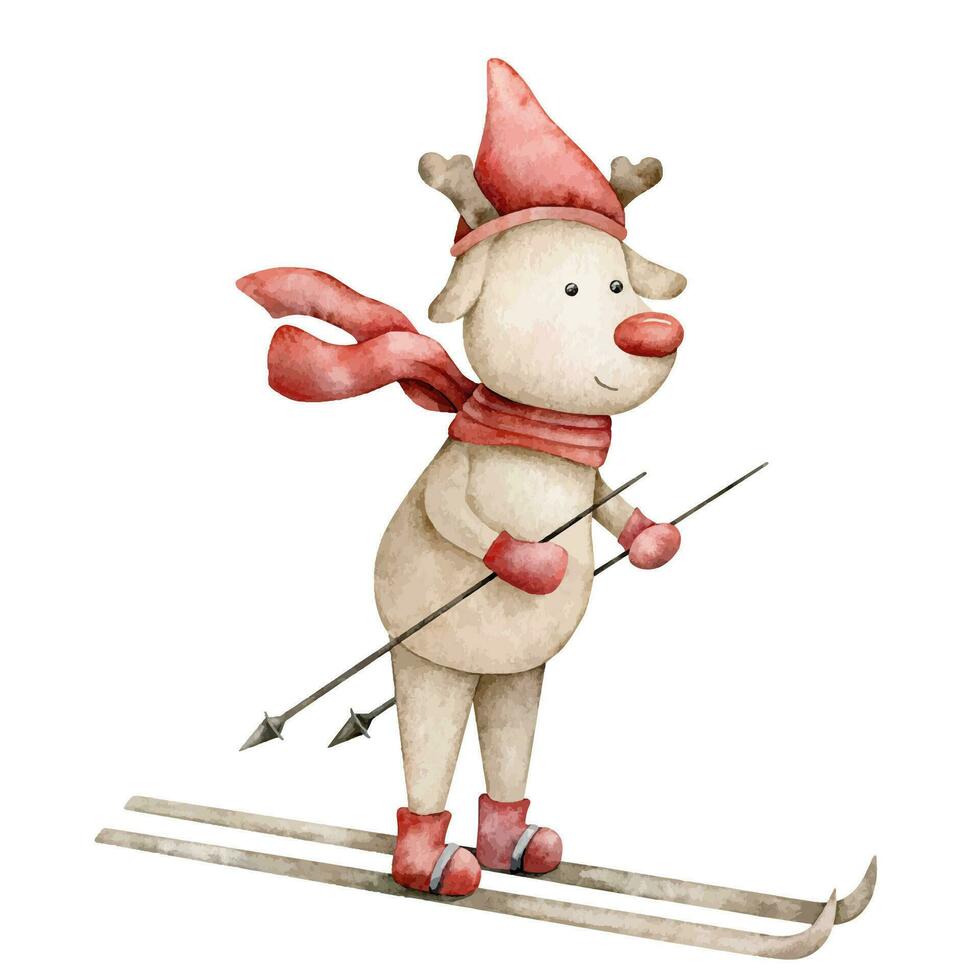 Deer in a red hat, scarf, mittens skiing. Funny Animal. New Year and Christmas Scandinavian character. Hand drawn watercolor illustration for souvenirs, greeting card, sticker, poster. vector