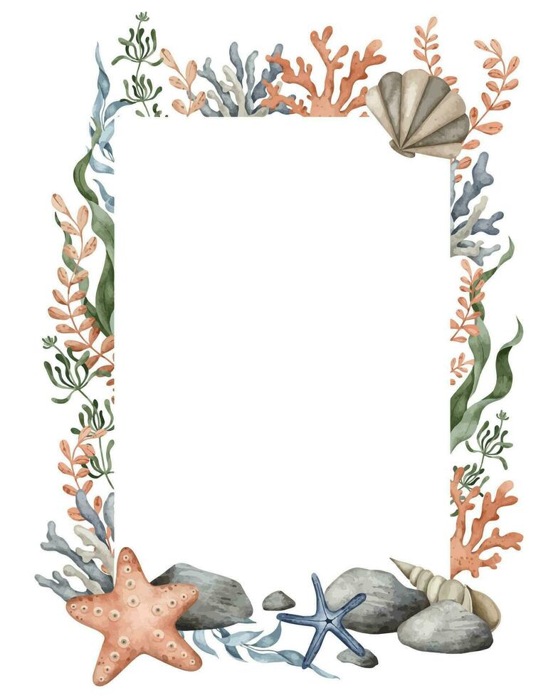 Vertical frame of sea Pebbles, marine coral, starfish, seaweed algae. Hand drawn watercolor illustration. Marine Border, tropical print for greeting card, invitation, baby shower vector