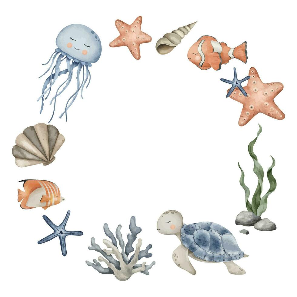 guirnalda de mar guijarros, Medusa, tortuga, pez payaso y estrella de mar, algas marinas algas. mano dibujado acuarela ilustración. vector marina marco para recuerdo, carteles, pegatina, impresión, bandera