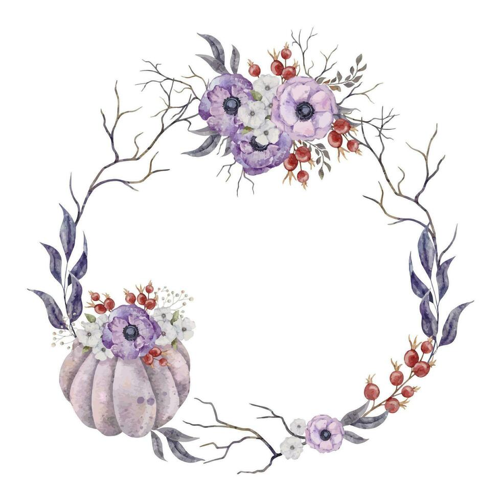 Round wreath with pumpkin and purpule anemone , rosehip berries, leaves and tree branches. Autumn watercolor illustration. Fall flowers. Thanksgiving cards floral bouquet. Hand drawn illustration vector