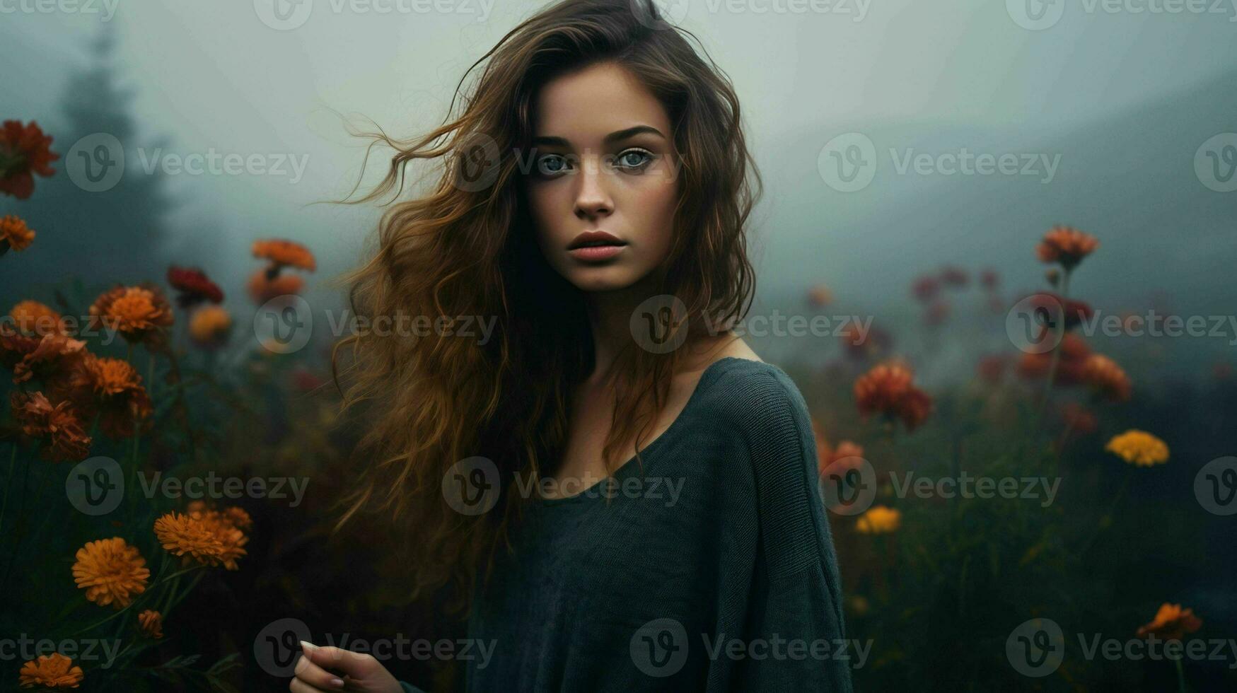 Beautiful Lady and Flowers  Ai Generative photo