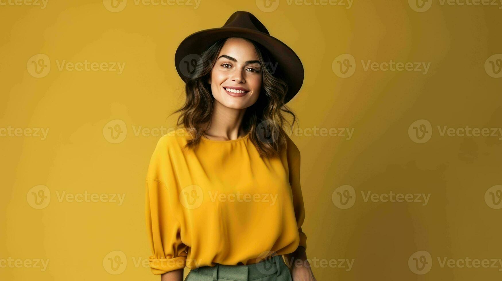 Portrait of a Beautiful Woman in a Felt Hat  Ai Generative photo