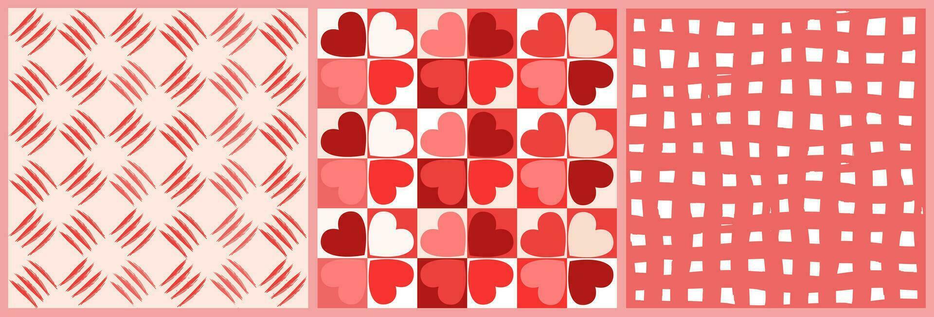 A set of seamless patterns with abstract hearts on the background of a geometric grid of squares. Vector graphics.