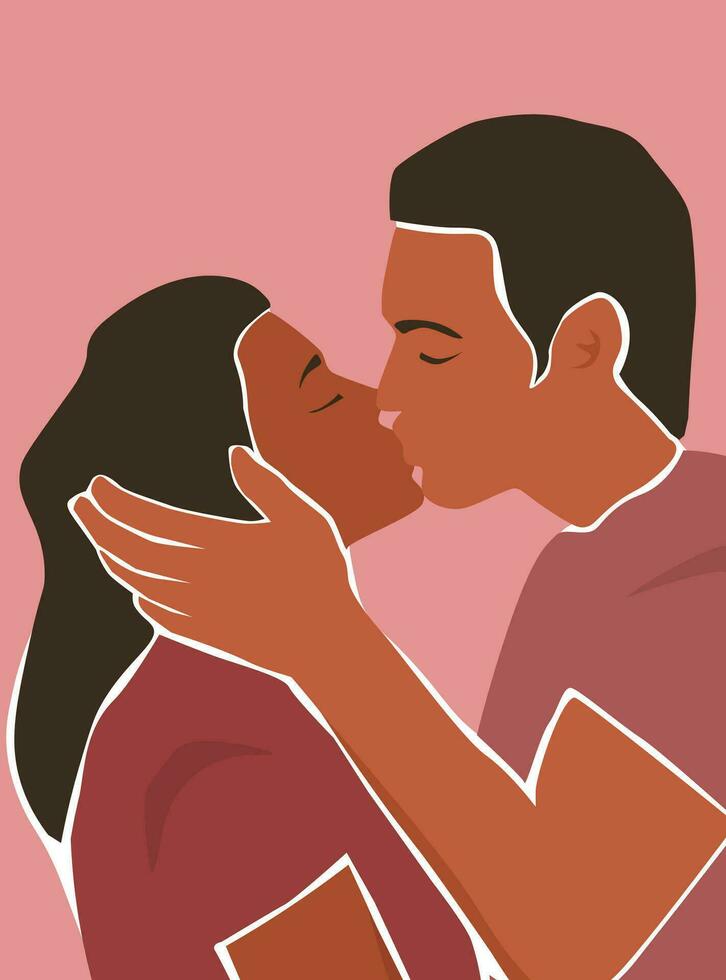 A man and a woman in love embrace, kiss each other. Abstract poster with silhouettes of a heterosexual couple. Vector graphics.