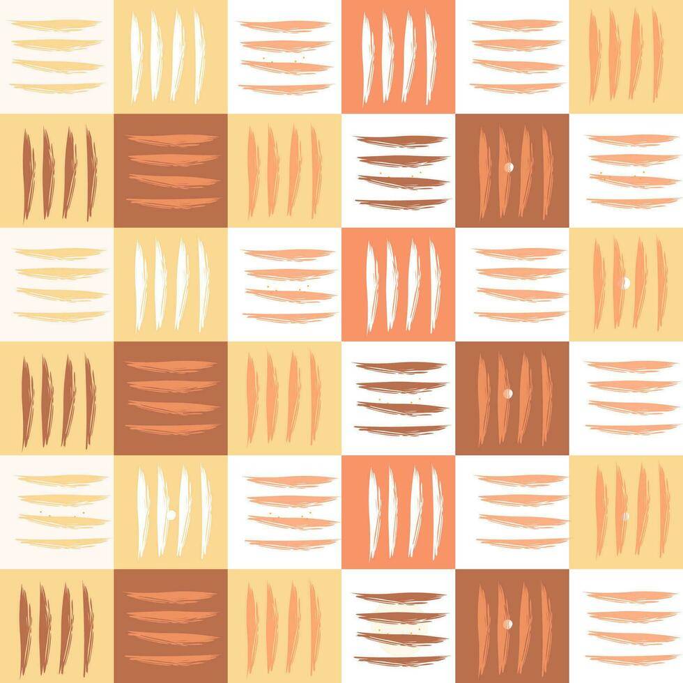 A simple abstract seamless pattern with diagonal lines on the background of a multicolored grid of squares. Ethnic bright print. Vector graphics.