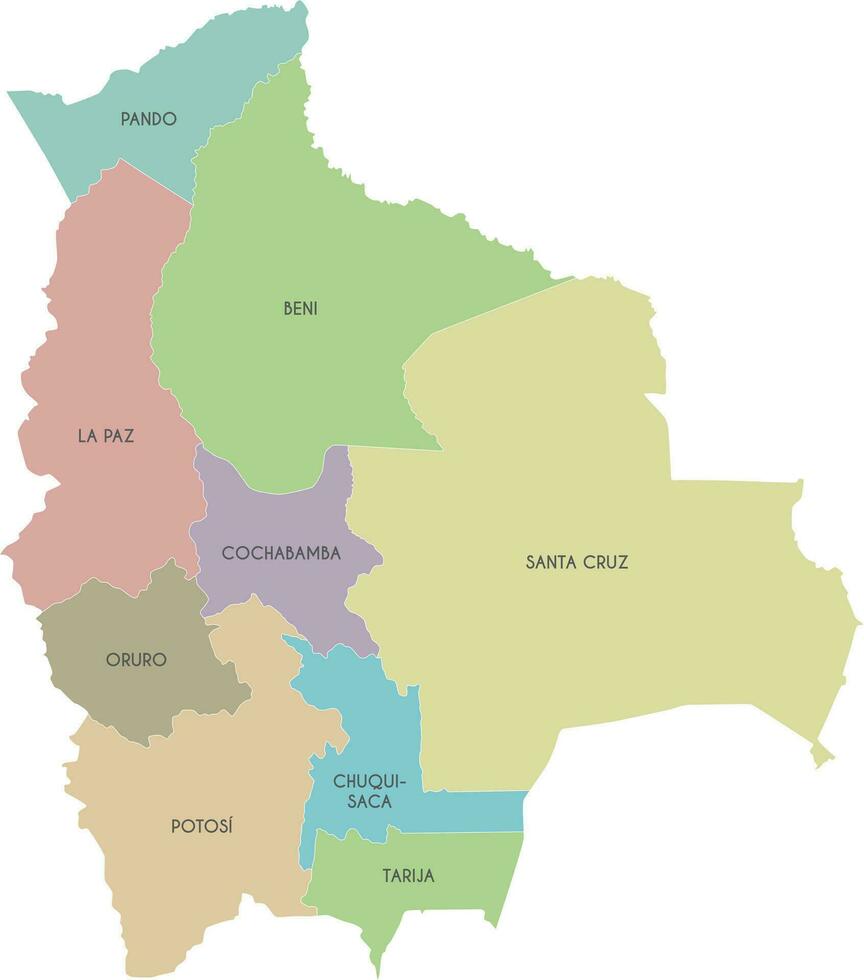 Vector map of Bolivia with departments and administrative divisions. Editable and clearly labeled layers.