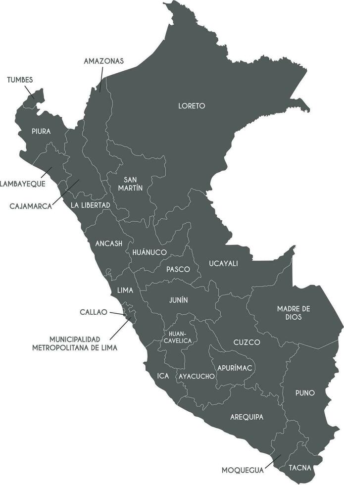 Vector map of Peru with departments, provinces and administrative divisions. Editable and clearly labeled layers.