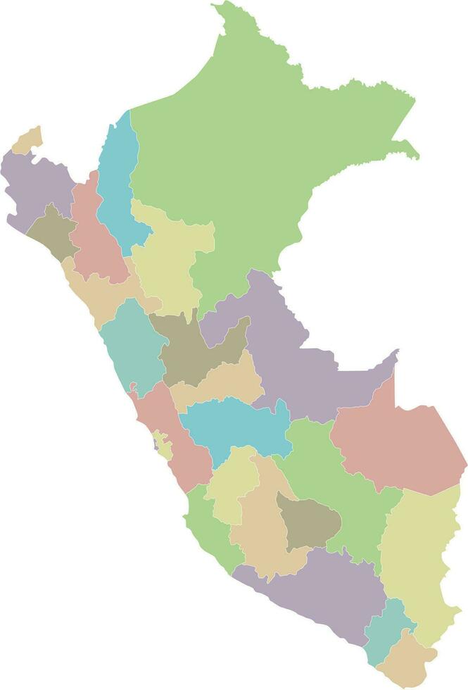 Vector blank map of Peru with departments, provinces and administrative divisions. Editable and clearly labeled layers.