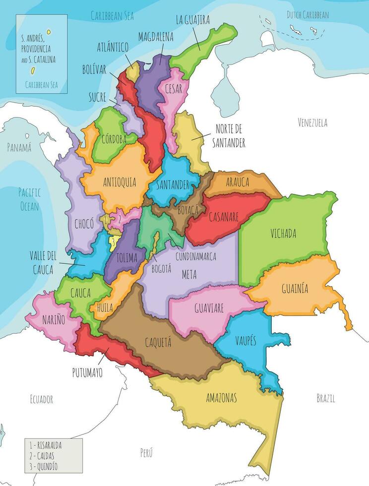 Vector illustrated map of Colombia with departments, capital region and administrative divisions, and neighbouring countries. Editable and clearly labeled layers.