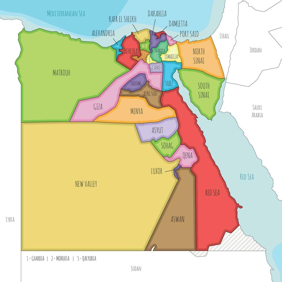 Vector illustrated map of Egypt with governorates or provinces and administrative divisions, and neighbouring countries. Editable and clearly labeled layers.