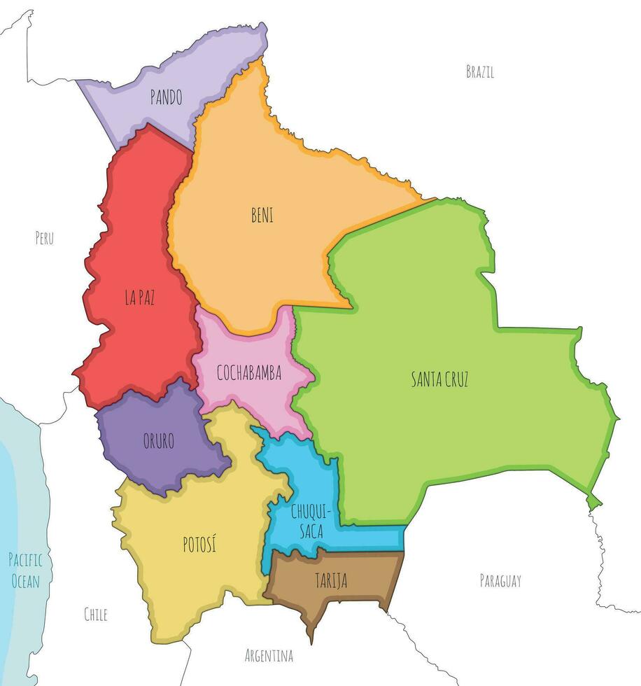 vector ilustrado mapa de bolivia con departamentos y administrativo divisiones, y vecino países. editable y claramente etiquetado capas.