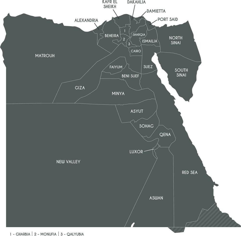 Vector map of Egypt with governorates or provinces and administrative divisions. Editable and clearly labeled layers.