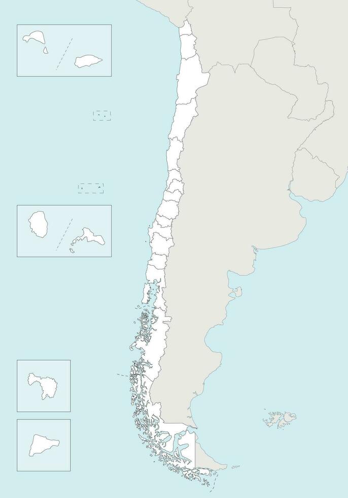 Vector blank map of Chile with regions and territories and administrative divisions, and neighbouring countries and territories. Editable and clearly labeled layers.