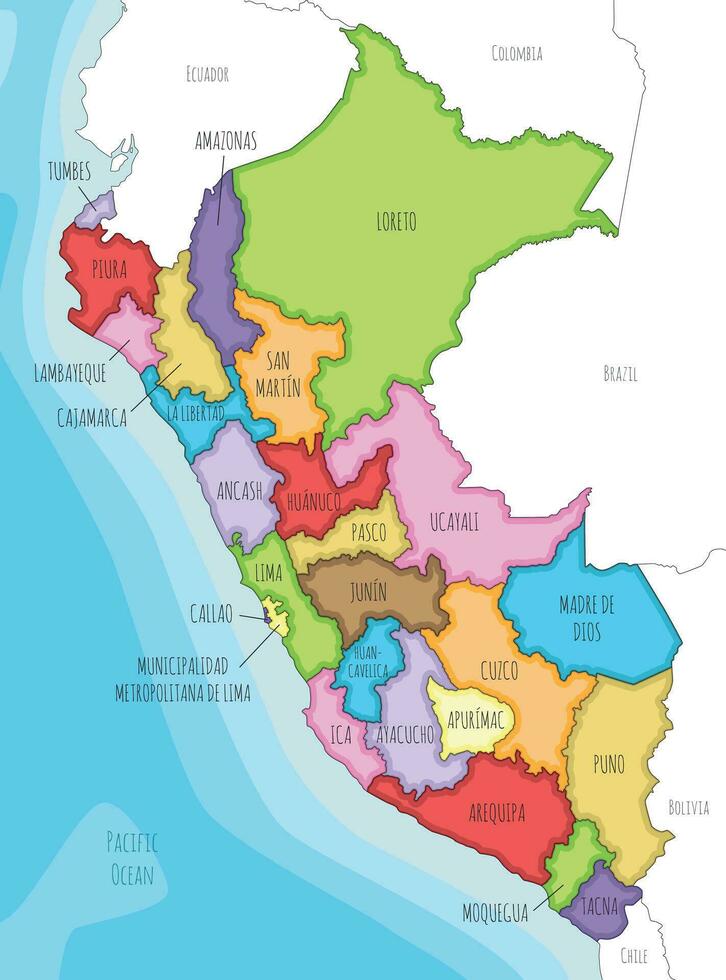 Vector illustrated map of Peru with departments, provinces and administrative divisions, and neighbouring countries. Editable and clearly labeled layers.