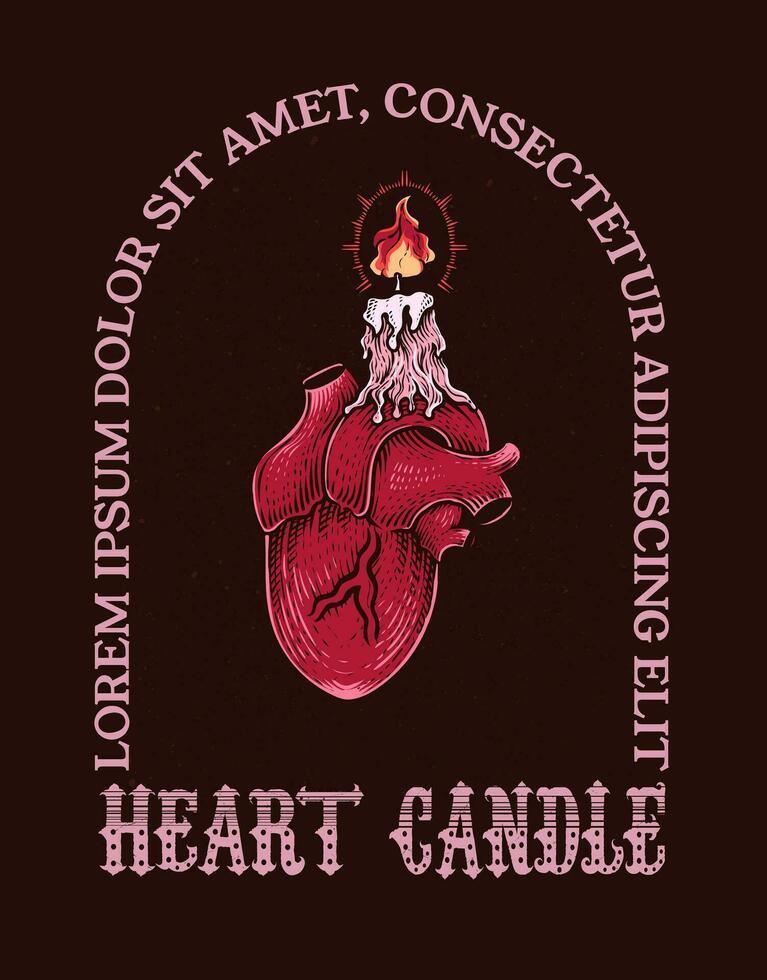 Illustration Hand drawn. Heart candle engraving style. Vector illustration
