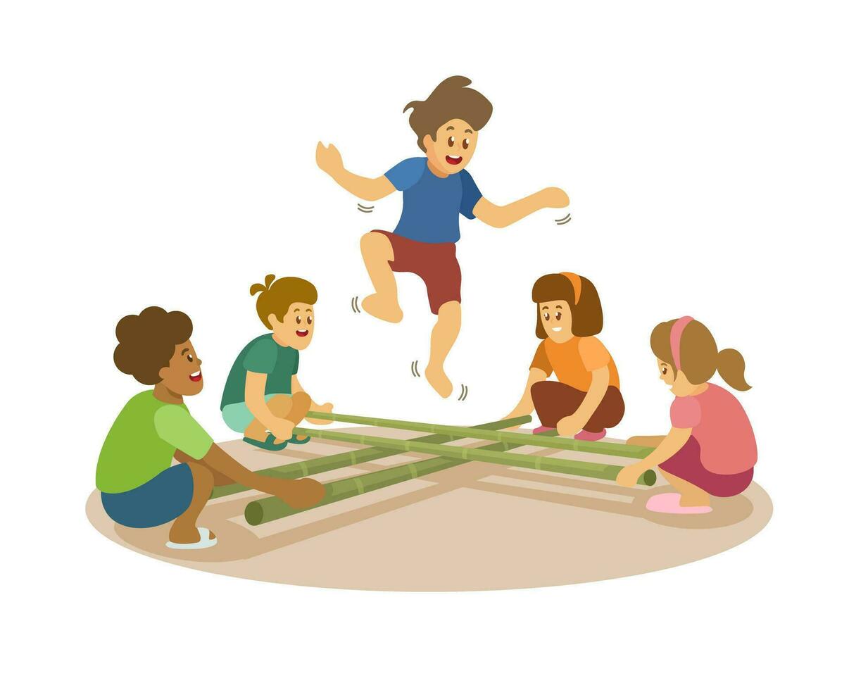 Bamboo Stick Jump Traditional Game Cartoon illustration Vector