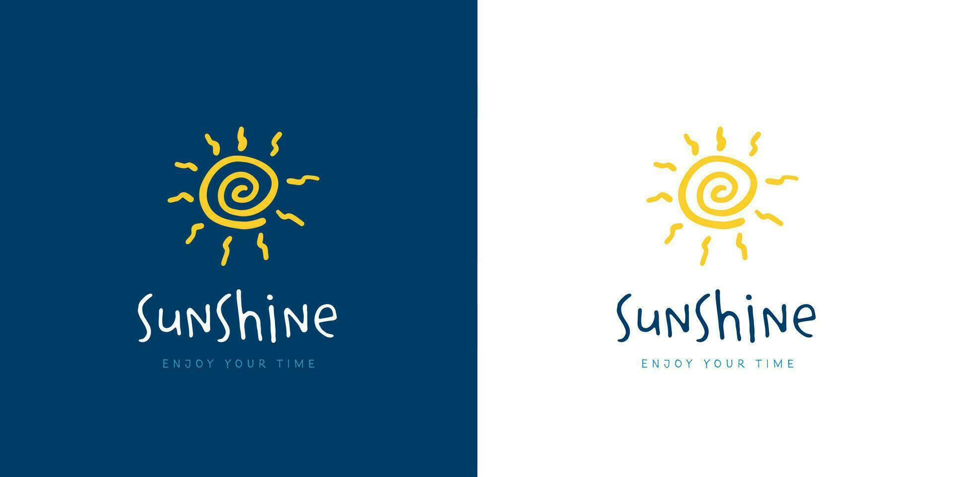 hand drawn style logo vector of doodle sun with yellow abstract spiral shape sunshine icon on blue background