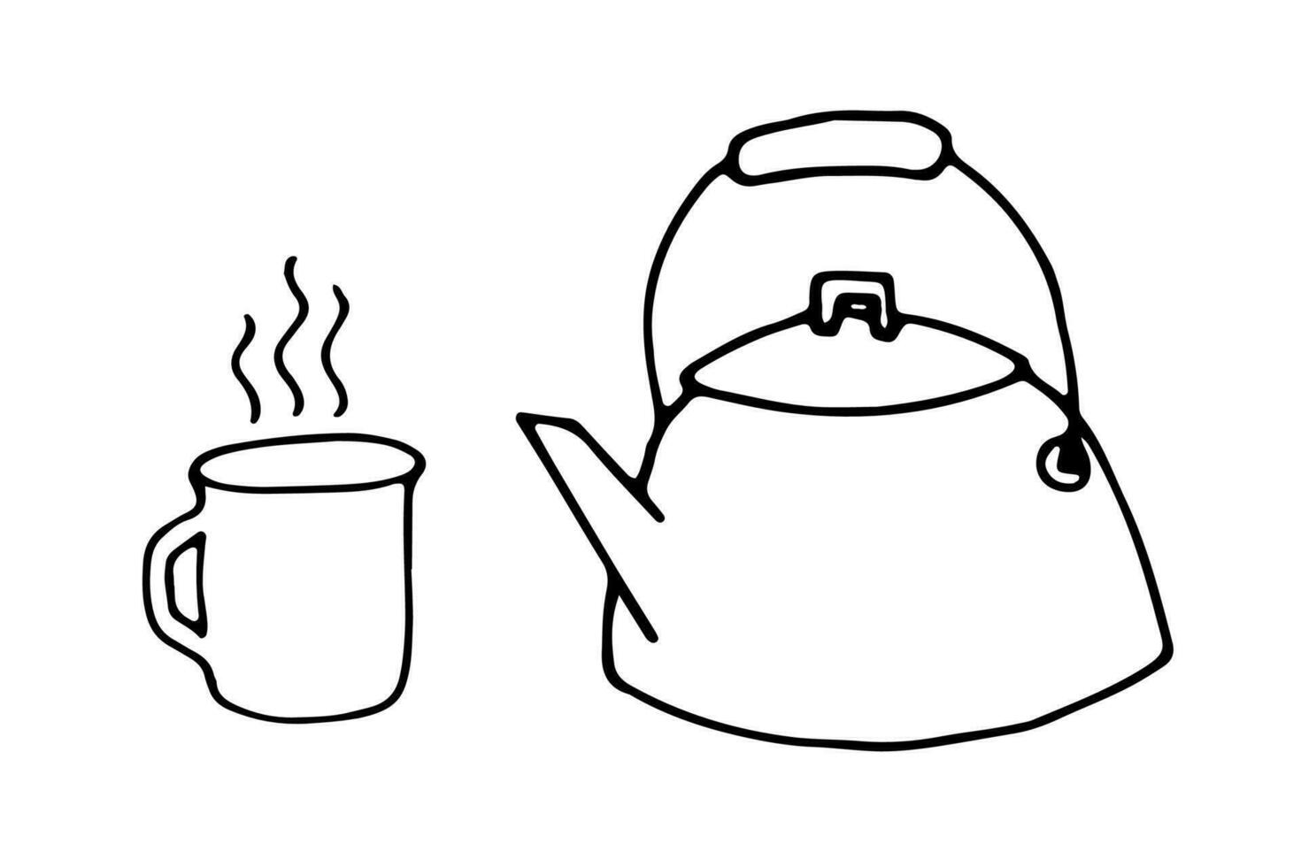 Tea Kettle and Mug with Hot Drink in Doodle style. Vector Old Metal Teapot and Cup Camping Icon. Kitchen Utensil.