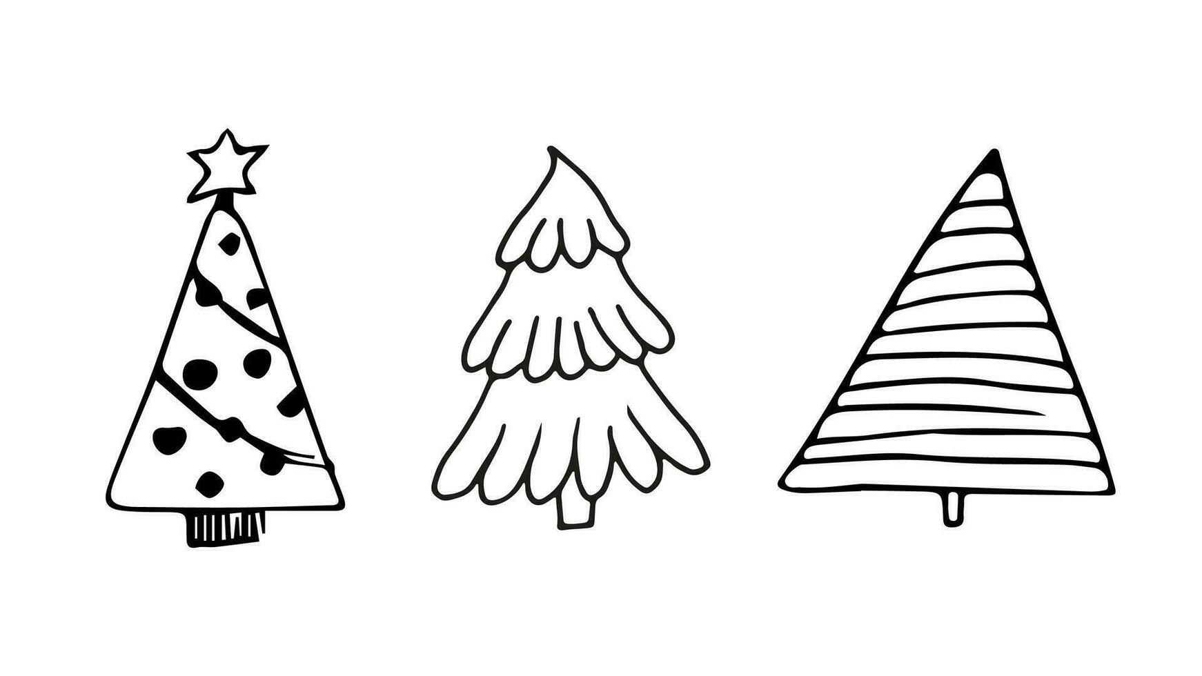 Christmas Tree icons set. Simple Doodle hand drawing editable illustration. Black contour of Spruce on white background vector