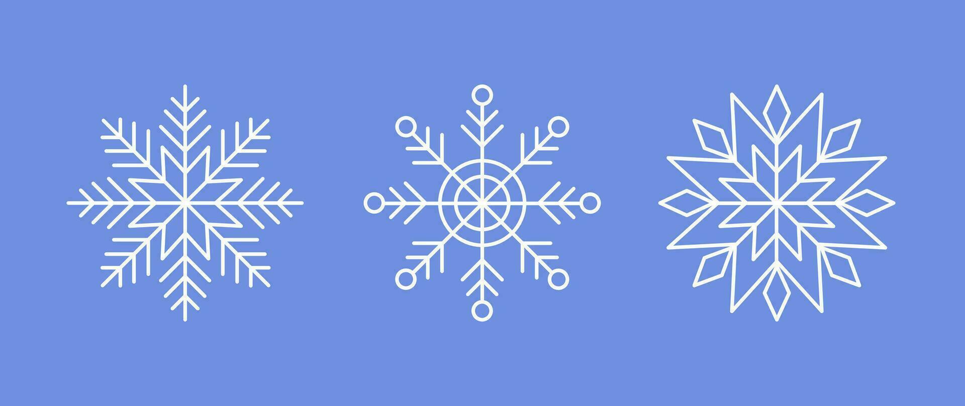 White Snowflakes on blue background. Vector Winter isolated icons in silhouette. Snow Cristals. Simple Line Style