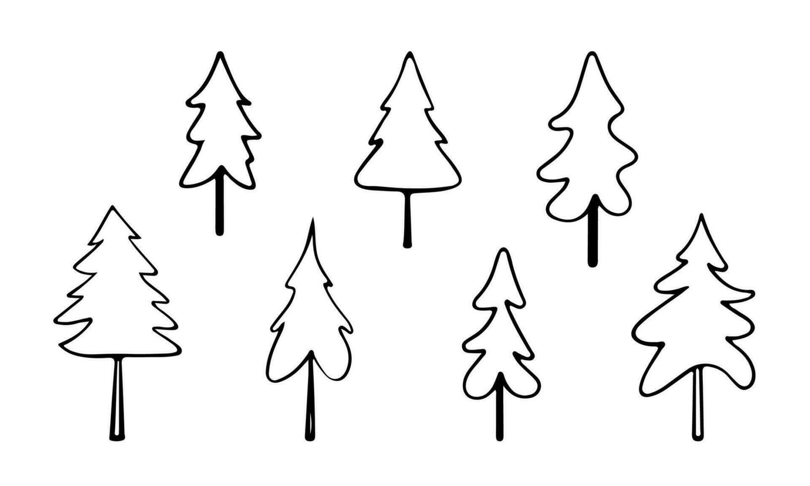 Hand Drawn Christmas Trees Doodle Set. Vector Illustration. Black contour of Spruces on white background