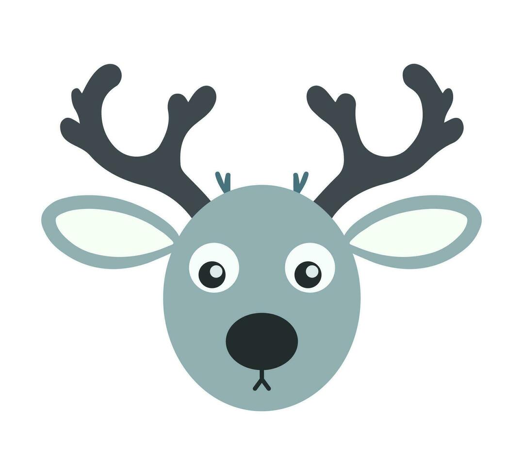 Cute Reindeer Head with Large Antlers. Christmas Deer Vector Illustration in Flat Cartoon Style