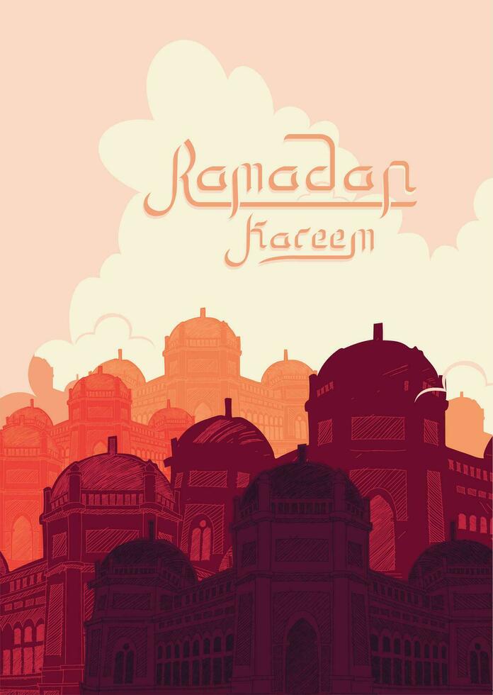 Ramadan Kareem in line art style with popular iconic symbol using in design cresent, lantern, mosque. Vector isolated outine drawing. Simple and minimal design.