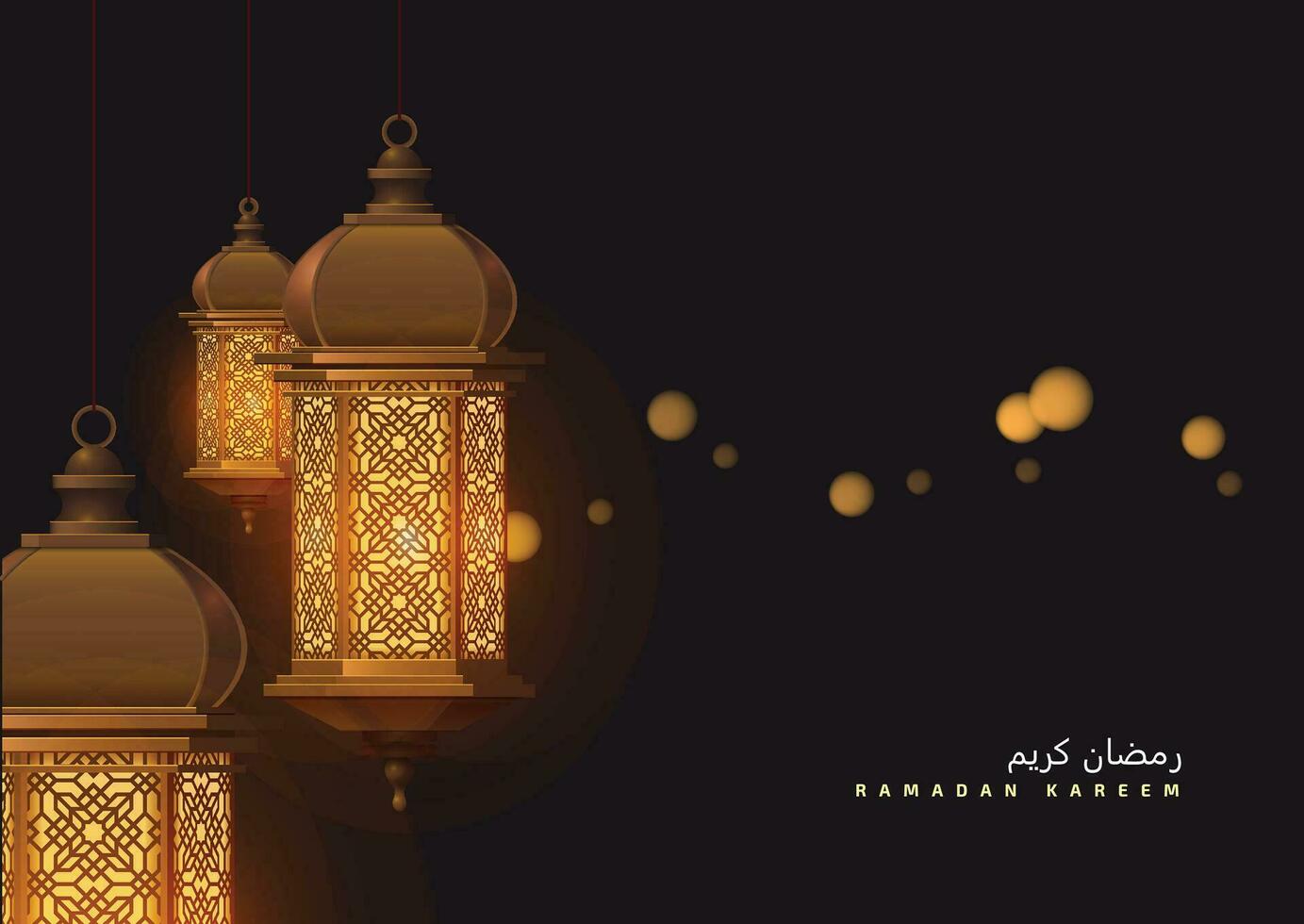 Ramadán kareem saludo en borroso antecedentes con hermosa iluminado Arábica lámpara y mano dibujó caligrafía letras. vector ilustración.