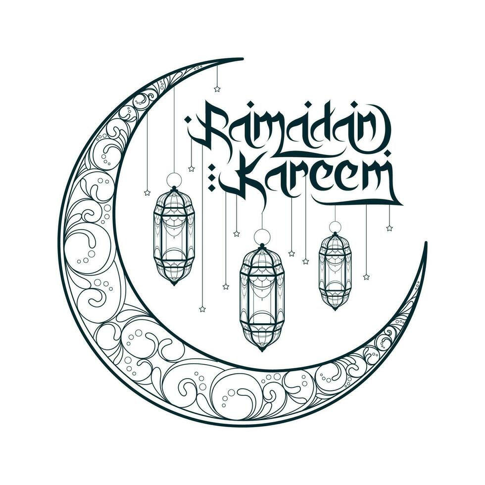 Ramadan Kareem islamic greeting banner background with arabic and latin typography line mosque and crescent illustration - Translation of text May Generosity Bless you during the holy month vector