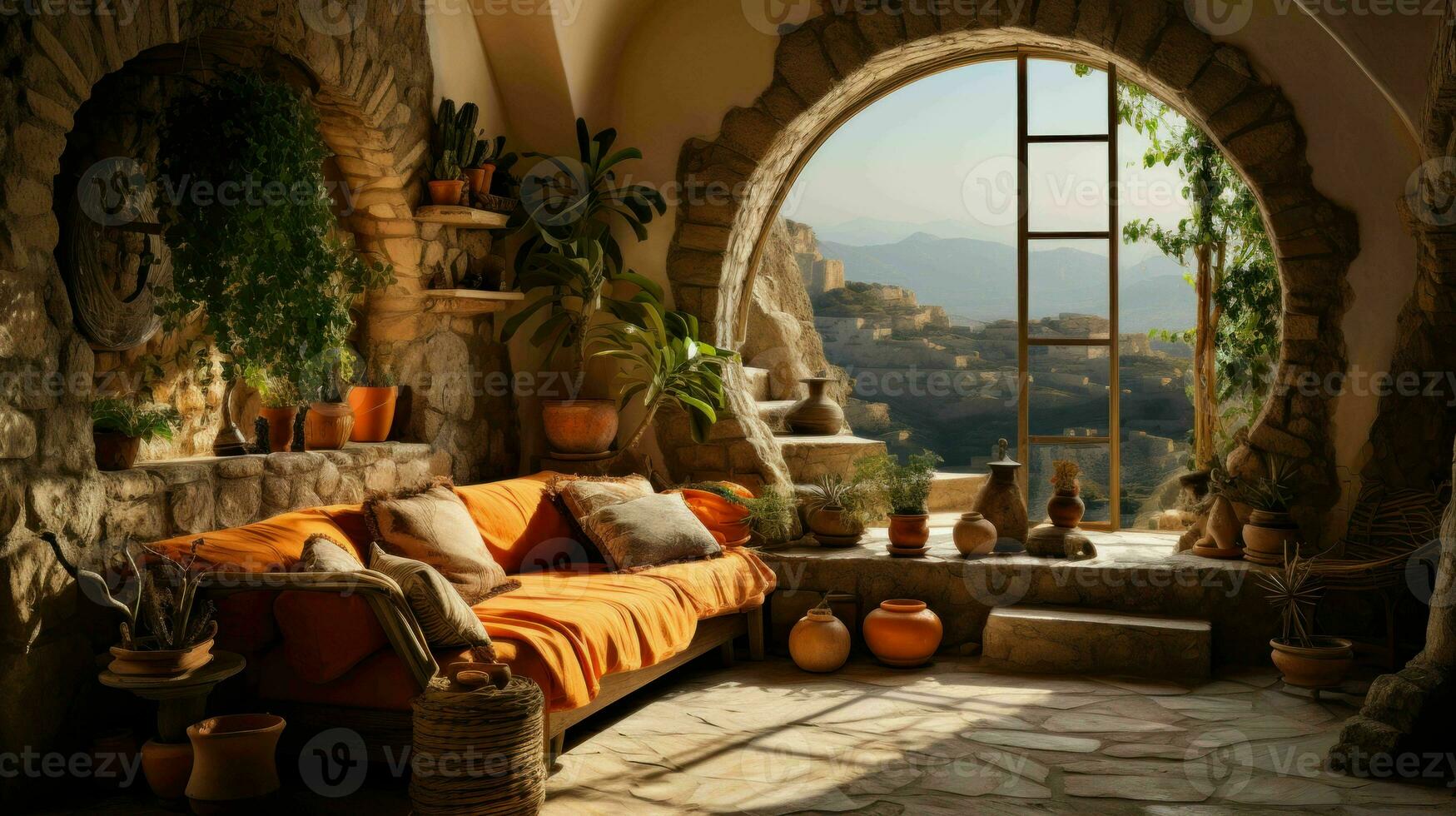 Beautiful Old Room in Mediterranean style with textured walls and warm color tones  Ai Generative photo