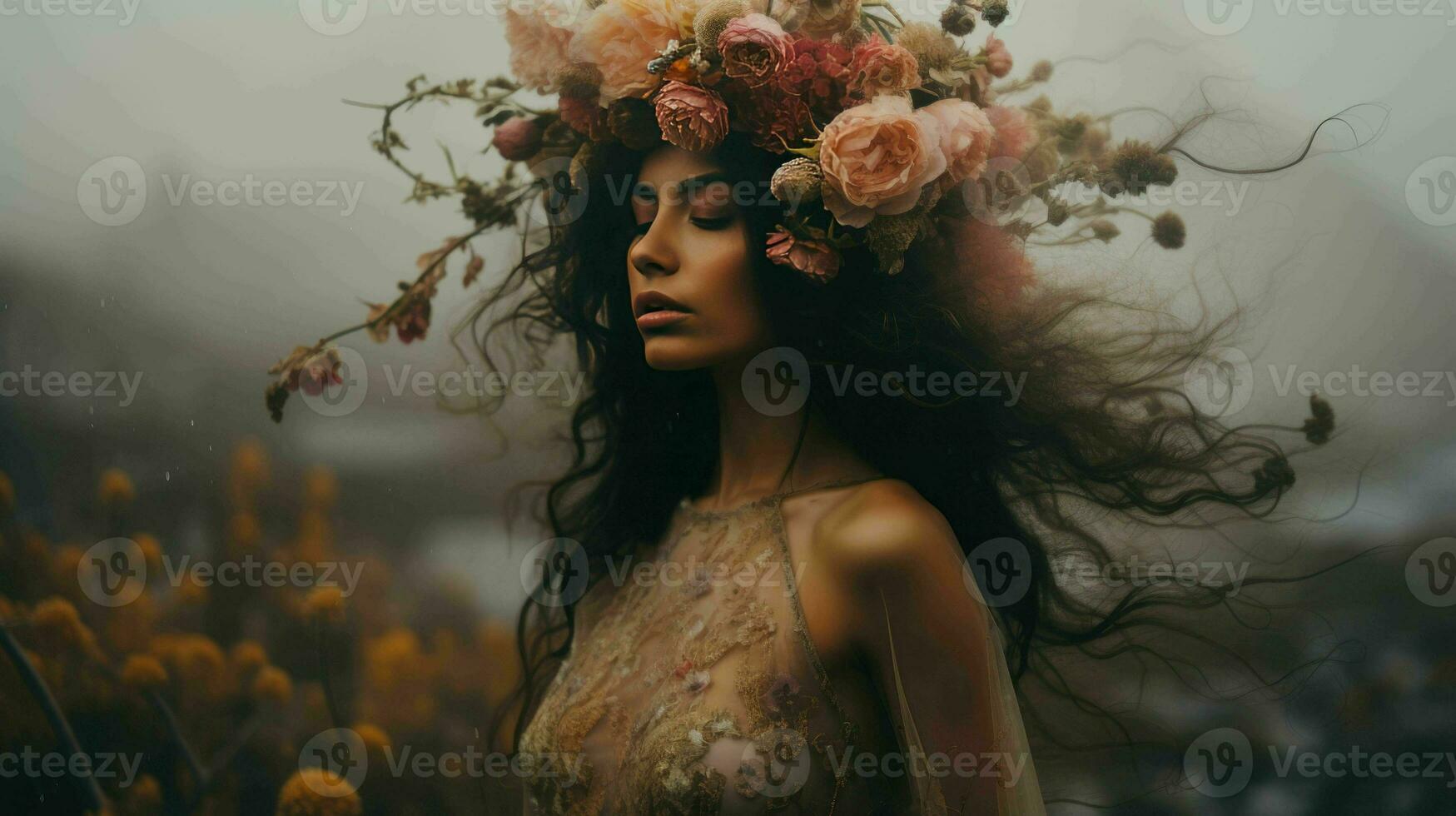 Beautiful Lady and Flowers  Ai Generative photo